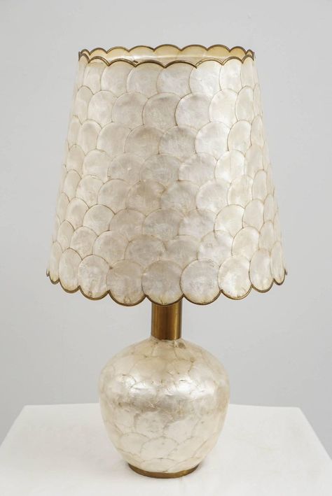 Glam Capiz Shell Table Lamp with Brass Detail, 1970s 2 Capiz Lampshade, Mother Of Pearl Lamp, Capiz Lantern, Shell Table Lamp, Capiz Table Lamp, Capiz Shell Lamp, Capiz Lamp, Shell Table, Capiz Shell Crafts