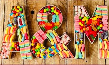 Sweet Charcuterie Letter, Food In Letter Boxes, Number Candy Charcuterie Board, Dessert Charcuterie Letters, Candy Charcuterie Letters, Candy Letter Charcuterie Board, Letter Shaped Charcuterie Board, Letter Charcuterie Board Diy, Charcuterie Letter Boxes