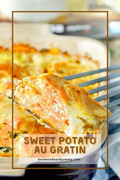 Sweet Potato Gratin Recipes, Sweet Potato Scalloped Potatoes, Scalloped Sweet Potato Recipes, Sweet Potato Au Gratin, Potato Au Gratin, Scalloped Sweet Potatoes, Sweet Potato Gratin, Au Gratin Potato Recipes, Au Gratin Recipes