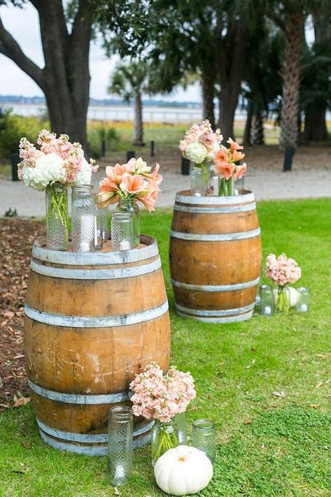 DIY Whiskey Barrel + 15 Whiskey Barrel Wedding Ideas Diy Whiskey Barrel, Wine Barrel Wedding, Whiskey Barrel Wedding, Barrel Wedding, Wedding Alters, Peach Wedding Flowers, Barrel Decor, Wine Barrels, Mason Jar Candles