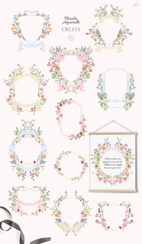 Watercolor Crest Clipart, Wedding Crests, Regency Era Wedding Invitation, Bridgerton Style, Ribbons, Romantic Fairytale Wedding Invite - Etsy Romantic Border Design, Watercolor Wedding Crest, Regency Era Wedding, Watercolor Flowers Border, Wedding Crests, Romantic Fairytale Wedding, Watercolor Floral Frame, Bridgerton Style, Fairytale Wedding Invitations