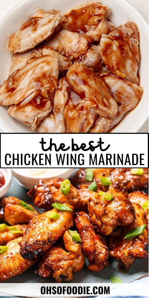 Text reads The Best Chicken Wing Marinade Easy Marinade For Chicken, Marinade For Chicken Wings, Chicken Wings Marinade, Wings Marinade, Wing Marinade, Homemade Chicken Wings, Chicken Wing Marinade, Homemade Breakfast Recipes, Best Chicken Wing Recipe