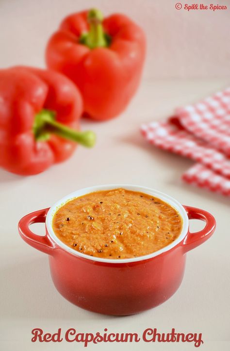 Red Capsicum Chutney / Red Bell Pepper Chutney Capsicum Curry, Indian Tomato Chutney, Onion Tomato Chutney Recipe, Capsicum Chutney, Capsicum Masala Curry, South Indian Tomato Chutney, Capsicum Recipes, Tomato Chutney Recipe, Red Pepper Recipes