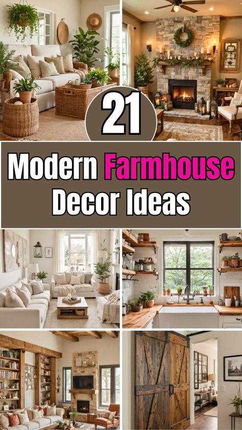 Discover 21 modern farmhouse decor ideas that blend rustic charm with contemporary elegance! From cozy living rooms to chic kitchens, get inspired by beautiful designs featuring reclaimed wood, neutral palettes, and stylish accents. Click through for all the gorgeous details! Farmhouse Elegant Decor, Barndo Decorating Ideas, Contemporary Western Home Decor, Modern Farmhouse Decorating Ideas, Farmhouse Decorating Ideas For The Home, Country Decorating Ideas For The Home, Contemporary Farmhouse Living Room, Farmhouse Property, Farmhouse Chic Living Room