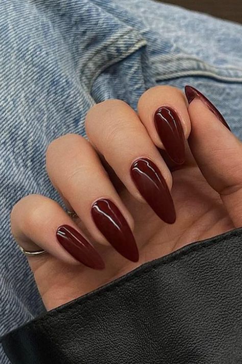 Burgundy press on nails Dark Red Nails Medium Length, Wine Red Acrylic Nails Almond, Dark Red Medium Almond Nails, Almond Dark Red Nails, Brown Stiletto Nails, Blood Red Almond Nails, Burgundy Nail Designs, Red Stiletto Nails, Short Almond Nails