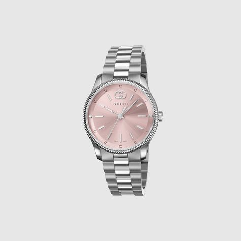 Shop the G-Timeless watch, 29mm in pink at GUCCI.COM. Enjoy Free Shipping and Complimentary Gift Wrapping. Timeless Watch, Timeless Watches, Round Watch, Gucci Watch, Steel Bracelet, Polished Look, Stainless Steel Bracelet, Stainless Steel Case, Mother Of Pearl