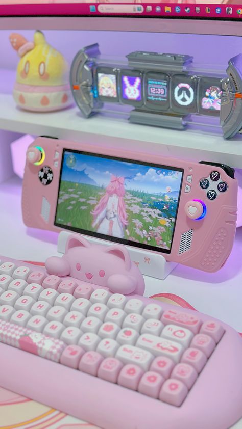 Rog Ally Aesthetic, Ally Aesthetic, Gaming Entertainment Center, Gaming Girl, Gaming Aesthetic, Rog Ally, Nintendo Switch System, Pink Games, Dream Bedroom Inspiration