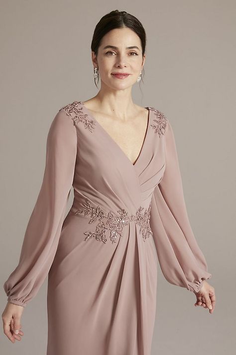 Occasion Dresses - Oleg Cassini Embellished Chiffon Gown with Long Sleeves Style # WBM2815 – View Image 3 Bride Dress Plus Size, Long Party Gowns, Prom Dresses Sparkly, Classy Gowns, Sukienki Plus Size, Sparkly Prom Dresses, Floral Prom Dresses, Mother Of The Bride Gown, Plus Size Elegant