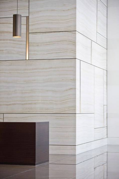 Travertine & Metal Profile Lobby Designs, Marble Walls, Lobby Interior Design, Office Lobby, Lobby Interior, Design Blogs, Lobby Design, Design Hotel, Marble Wall