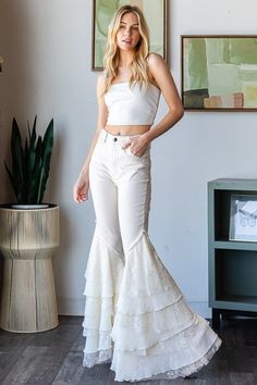 #BEAUTY ,#REALATIONSHIPS #Fashion #Outfits #SUMMER Outfits #Animals Silk Bell Bottom Pants, White Bell Bottoms, White Lace Pants, Jeans With Lace, Pants With Lace, White Flare Pants, Umgee Clothing, Thml Clothing, Lace Jeans