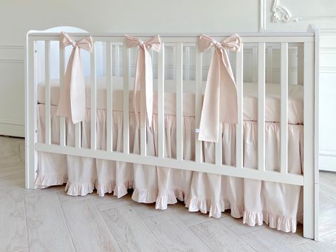 Crib Skirt With Ruffle Cream Pink Baby Girl Crib Bedding - Etsy Traditional Nursery Pink, Pink Bedding Crib, Pale Pink Crib Bedding, Light Pink For Nursery, White Eyelet Crib Skirt, Jenny Lind Crib Skirt, Frilly Crib Bedding, Cream Baby Bedding, Crib Skirt And Bumper