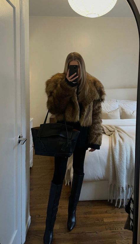 Fur coat outfit Black Coat Night Outfit, Tan Fur Jacket Outfit, Kendall Jenner Fur Coat, Brown Fur Coat Aesthetic, Fur Bolero Outfit, Brown Fur Outfit, Short Brown Fur Coat Outfit, Short Black Fur Coat Outfit, Cropped Fur Coat Outfit