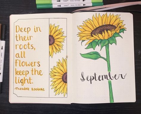 Sunflower Bullet Journal Theme, Sunflower Bujo, Sunflower Bullet Journal, Sunflower Scrapbook, July Bujo, Beautiful Flower Quotes, September Quotes, Doodle Planner, تزيين دفاتر