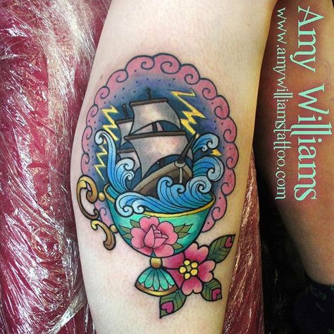 Teacup Tattoo, 42 Tattoo, Storm In A Teacup, Ink Link, Tattoo Sleeve Filler, Tattoo Script Fonts, Poppies Tattoo, Blue Tattoo, Mermaid Tattoos