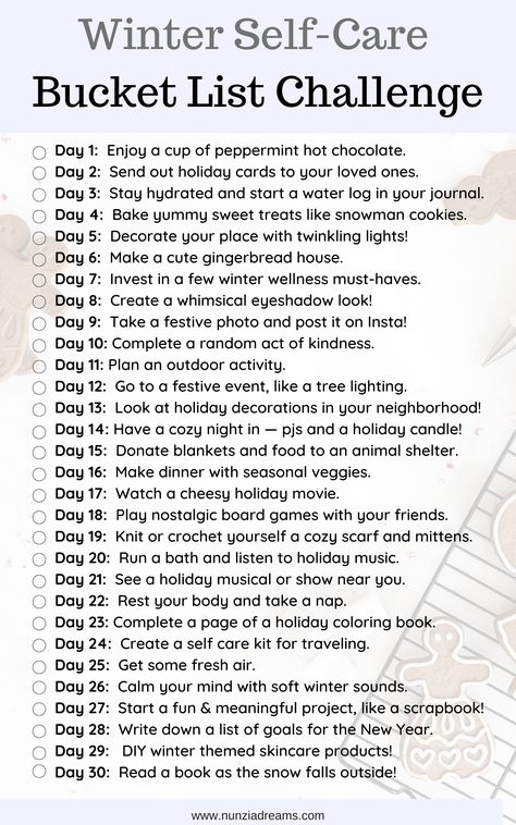 December Hygge Challenge, Hygge Bucket List, Winter Challenge Ideas, Winter Retreat Ideas, January Bucket List 2023, Winter Self Care Challenge, Winter Hobby Ideas, Self Love Bucket List, Winter Bucketlist Ideas