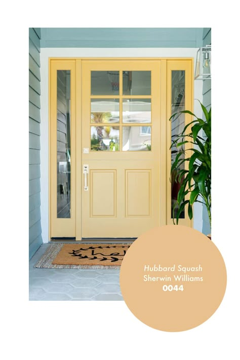 The 10 Best Front Door Paint Colors - The Shop By Jasmine Roth Yellow Double Front Door, Light Blue House With Colored Door, Statement Front Door Entrance, Bright Color Front Door, Painting Front Doors Ideas, What Color Should I Paint My Front Door, Beach House Front Door Colors, Front Door On Side Of House, Tan House Door Color Ideas