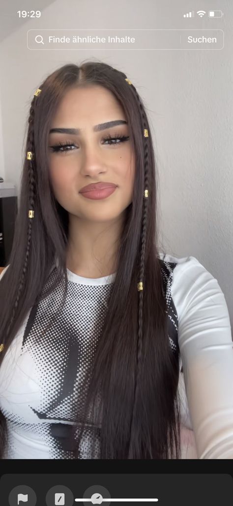 Braids In Straight Hair Down, Two Braids On The Side With Hair Down, Cute Hairstyles With Gold Cuffs, Straight Hair With 2 Braids, Hair Styles With Charms, Hair Gem Hairstyles, Braid With Charms, Hair Down With Two Braids, Hair With Gold Cuffs