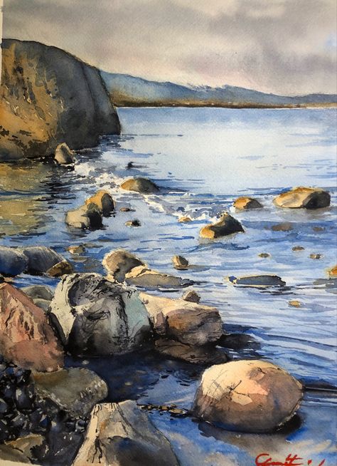 Watercolor Rocks, Watercolour Water, Drawing Rocks, Stone Artwork, Watercolor Art Landscape, Brush Paint, Watercolor Water, Coastal Elegance, Landscape Art Painting