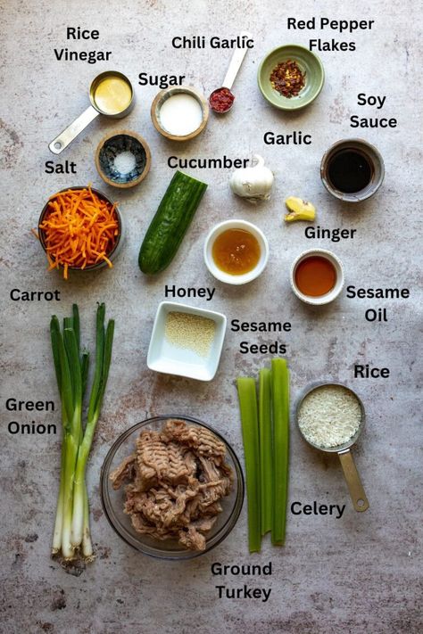 Korean Ground Turkey Korean Ground Turkey, Cucumber Carrot Salad, Asian Tacos, Turkey Sauce, Ground Turkey Tacos, Healthy Ground Turkey, Turkey Tacos, Ginger Sauce, Cheap Dinner Recipes