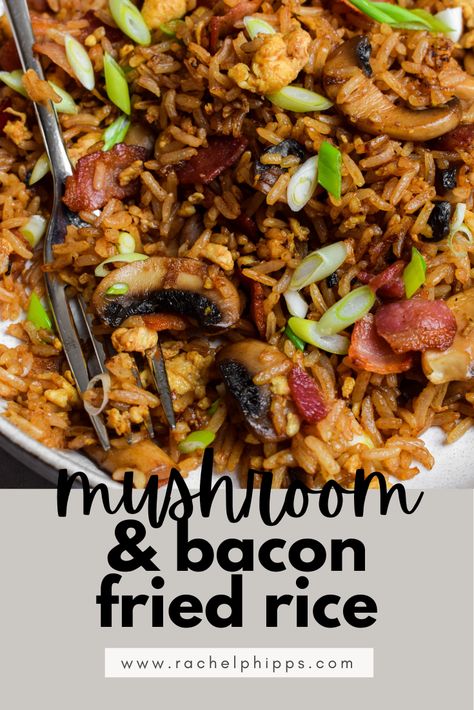 This cheap recipe for Bacon and Mushroom Egg Fried Rice is ready in just 20 minutes so it is perfect for busy weeknights! Smoked bacon pieces and meaty mushrooms come together in a deeply savoury rice which is just crying out for a squeeze of sriracha. Mushroom Fried Rice Recipes, Bacon Fried Rice Recipe, Meaty Mushrooms, Bacon Fried Rice, Bacon Rice, Savoury Rice, Bacon And Mushroom, Mushroom Fried Rice, Healthy Fried Rice