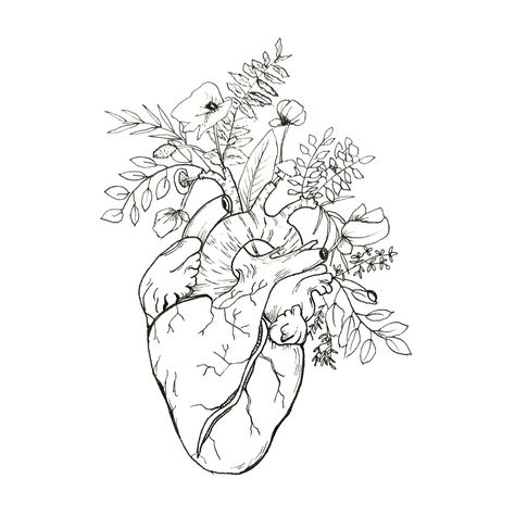 Ink line drawing of a heart with flowers and plants. Inktober 2019: Overgrown Drawing Of A Heart With Flowers, Heart With Flowers Growing Out Of It, Overgrown Plants Drawing, Human Heart Line Art, Heart And Flowers Drawings, Heart Drawing With Flowers, Heart Flowers Drawing, Heart With Flowers Drawing, Healing Drawing Ideas