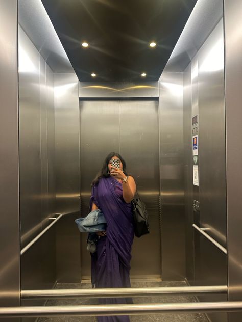 Saree in office 
Aesthetic mirror selfie💜 Aesthetic Mirror Selfie, Office Aesthetic, Aesthetic Mirror, Mirror Selfie, Saree, Mirror