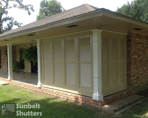 Carport Privacy Ideas, Horizontal Louver Facade, Privacy Porch, Porch Shutters, Screen Porch Panels, Screen Porch Systems, Porch Privacy, Louvre Doors, Bahama Shutters