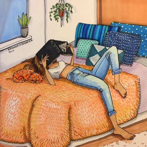 https://www.instagram.com/p/Bae3UZAF8W1/?taken-by=amandaoleander Amanda Oleander, Woman Reading, Girl Reading, Couple Cartoon, Illustration Print, Kotatsu Table, Prints For Sale, Cat Art, Bed Frame