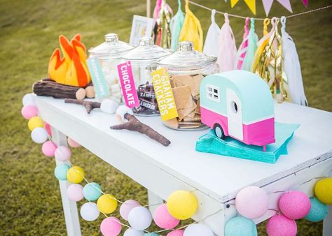 Glamping Birthday Party Decorations, Rv Birthday Party Ideas, Barbie Camping Birthday Party, Girls Glamping Birthday Party, Happy Camper Birthday Party, Glamping Birthday Party, Camping Theme Birthday, Glamping Birthday, Glamping Party