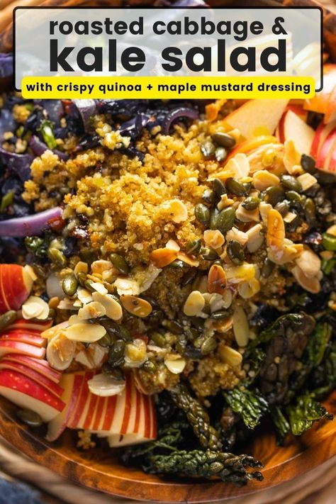 Roasted Cabbage and Kale Salad with Crispy Quinoa Pinterest marketing image Kale Cabbage Salad, Baked Quinoa, Cabbage And Kale, Roasted Kale, Paleo Low Fodmap, Gluten Free Fall Recipes, Kale Cabbage, Crispy Quinoa, Fried Halloumi