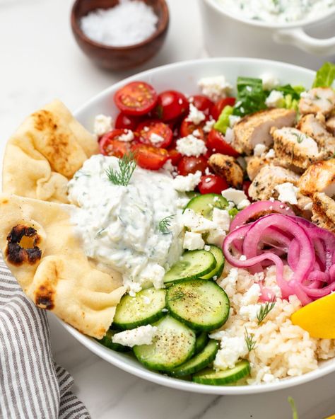 Greek Chicken Bowls With Tzatziki, Greek Buddha Bowl, Chicken Tzatziki Bowl, Tzatziki Bowls, Grilled Chicken Tenderloins, Tzatziki Bowl, Recipe With Tzatziki, Greek Bowls, Greek Bowl