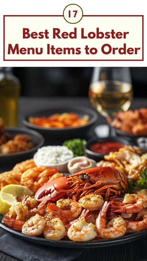 Plate of Red Lobster menu items, featuring savory shrimp, lobster, and other seafood dishes arranged in an appetizing display. Red Lobster Menu Dinners, Chicken Linguini Alfredo, Seafood Stuffed Mushrooms, Lobster Menu, Maple Glazed Chicken, Red Lobsters, Cajun Chicken Alfredo, Vanilla Bean Cheesecake, Lobster Dishes