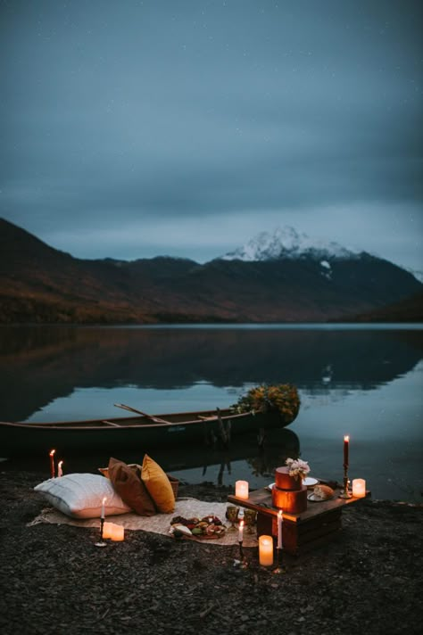 Lake Proposal Ideas Romantic, Lakeside Picnic, Lakeside Proposal, Canoe Date, Romantic Lake Date, Picnic By The Lake Aesthetic, Candlelit Picnic, Picnic Candles, Romantic Beach Picnic