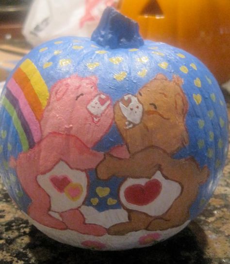 Hand painted carebears pumpkin Halloween craft, DIY halloween crafts, carebears, hand painted Care Bear Pumpkin, Care Bears Pumpkin, Care Bear Pumpkin Painting, Bear Halloween, Samhain Halloween, Kawaii Crafts, Bear Paintings, Pumpkin Carving Templates, Rainbow Brite