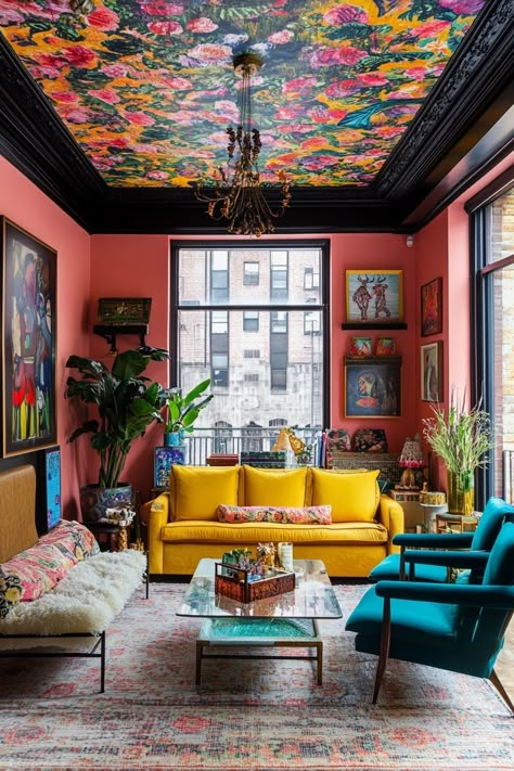 10 Bold Maximalist Decor Ideas To Kick Beige To The Curb Maximalist Ceiling, Maximalist Apartment Decor, Maximalist Color Palette, Boho Maximalism, Maximalist Apartment, Oversized Floor Lamp, Boho Farmhouse Living Room, Colorful Maximalist Decor, Eclectic Maximalism