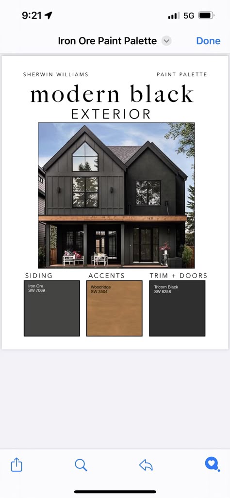 Chelsea Houska House Exterior, Modern Dark Grey House Exterior, Charcoal Exterior Paint Colors For House, Dark Grey Outdoor House Paint, Black Stain Brick Exterior, Creme And Black House Exterior, Dark Modern Barndominium, Dark Exterior Cabin Colors, Black Houses With Cedar Accents