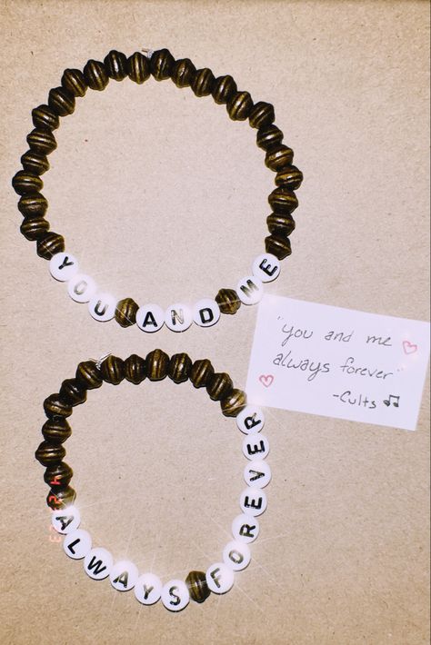 friendship lover bracelets, cults lyrics Funny Best Friend Bracelets, You And Me Always Forever Bracelet, Bracelets Ideas For Besties, Lyric Bracelet Ideas, Song Lyric Bracelet, Bsf Bracelets, Matching Friendship Bracelets Beaded, Lyrics Bracelet, Matching Bestie Bracelets