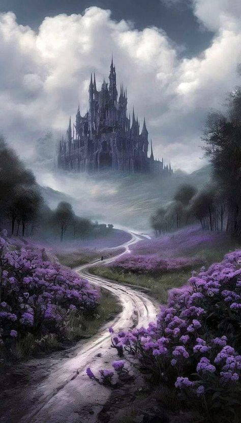 Purple Art Aesthetic, Gothic Castle Aesthetic, Jacks Game, Horror Castle, Gothic Landscape, Fantasy Scenery, Purple Gothic, Castle Painting, Dark Castle