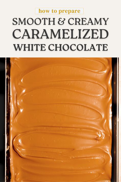 In this easy baking tutorial, I will guide you to prepare smooth and creamy caramelized white chocolate. With my in-depth explanation and success tips you will not only be able to caramelise white chocolate in no time and use them in endless baking recipes but also enjoy turning white chocolate into a toasty & caramel-like chocolate. Read the entire blog post here - https://thelaughingbutter.com/how-to-make-caramelized-white-chocolate/ Caramelized White Chocolate, White Chocolate Recipes, Christmas Baking Recipes, Baking 101, White Chocolate Cookies, White Chicks, Baking Basics, Baking Tutorial, Dessert Toppings