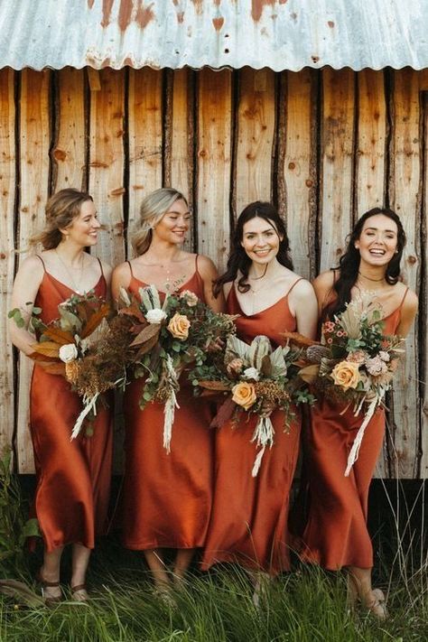 Beautiful Bridesmaid Gowns Burnt Orange Bridesmaid Dresses, Fall Wedding Bridesmaids, Rust Bridesmaid Dress, Rusting Wedding, Orange Bridesmaid, Fall Bridesmaids, Orange Bridesmaid Dresses, Midi Bridesmaid Dress, Fall Bridesmaid Dresses