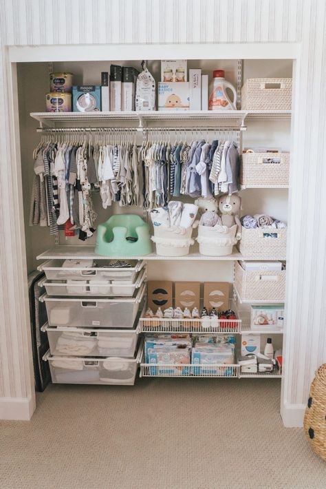 Small Dinosaur Nursery, Nursery Ideas Furniture, Nursing Area In Bedroom, Nursery Blanket Storage Ideas, Gender Neutral Nursery Gray Walls, Storage For Closets Organizing Ideas, Functional Nursery Ideas, Simple Nursery Wall Decor, Nursery Armoire Organization