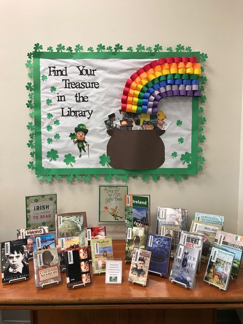 St Patrick’s library School Library Window Decorations, March Display Ideas, St Patricks Day Library Display, March Library Bulletin Boards, March Library Displays, Spring Library Displays, Library Board Ideas, Library Decoration Ideas, Spring Library