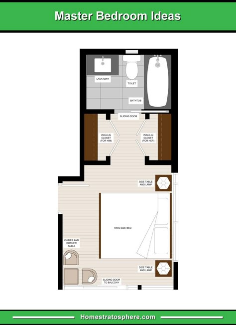 Long and Narrow Master Bedroom Layout with a Seating Area, 2 Walk-In Closets for Him and for Her, and En-Suite Bathroom Basement Master Suite Layout, Walk Through Master Closet To Bathroom, Narrow Master Suite Floor Plan, Narrow Master Suite Layout, Long Master Suite Layout, En Suite Bathroom Walk In Closet, Bedroom En Suite Ideas, Bedroom Closet Bathroom Layout, Long Narrow Master Suite Layout