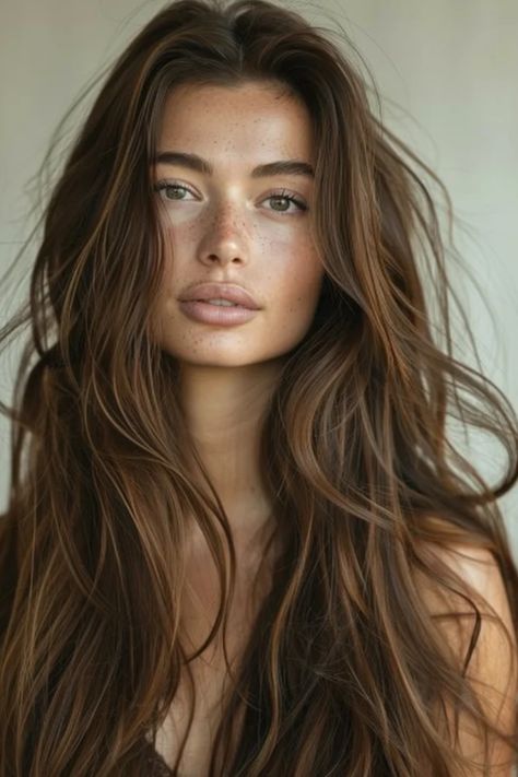 Portrait of a young woman with long brown hair and freckles, gazing softly towards the camera. Dark Brown Summer Hair, Summer Bronde Haircolor, Brunette Summer Hair Color, Brown Summer Hair, Brunette Summer Hair, Summer Brown Hair, Brunette Hair Brown Eyes, Straight Brunette Hair, Summer Brunette