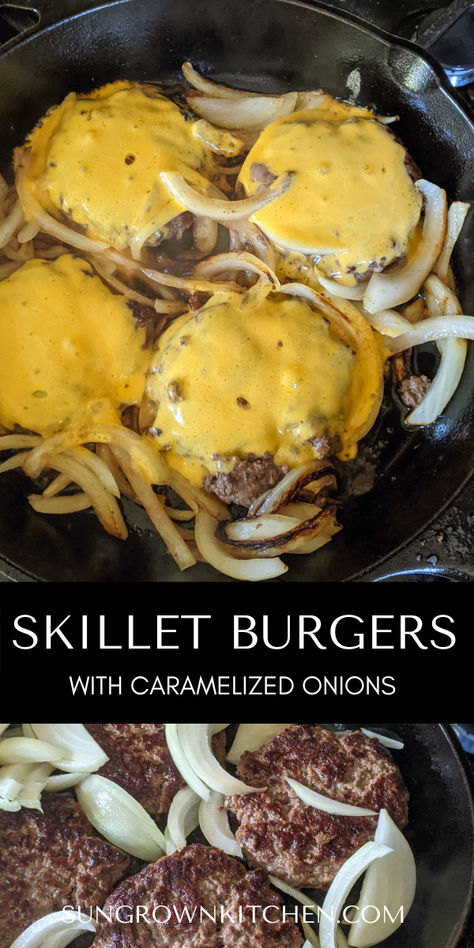 Cast Iron Skillet Burgers are a most delicious alternative to the summer grill!  The burgers hit the hot skillet and start to sizzle.  The fat comes out, and instead of it dripping down into your grill, gone forever, it settles around the burger, cooking it in its own lovely juices!  A crispy crust forms making the skillet burgers melt-in-your-mouth amazing, never dried out, and smothered with melty cheese and caramelized onions! Cheeseburgers In Cast Iron Skillet, Cast Iron Hamburgers, Grilled Onions For Burgers, Pan Fried Burgers, Cast Iron Skillet Burgers, Skillet Burgers, How To Cook Ribeye, Cast Iron Burgers, Oven Burgers