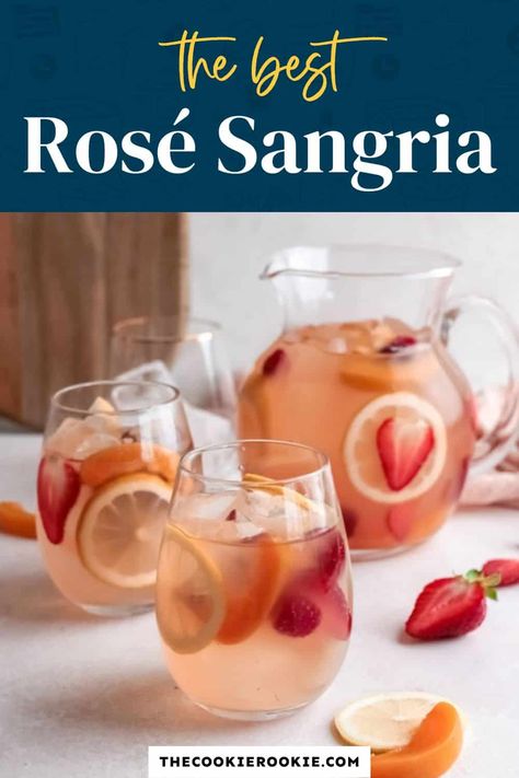 Rosé Sangria is an easy cocktail recipe to make the summer heat more bearable. Made with plenty of fresh fruit and pink rosé wine, this drink is as pretty as it is delicious! Rose Wine Sangria, Rosé Sangria, Easy Cocktail Recipe, Summer Wine Drinks, Fiesta Recipes, Easy Sangria Recipes, Pink Sangria, Rose Drink, Beverage Ideas