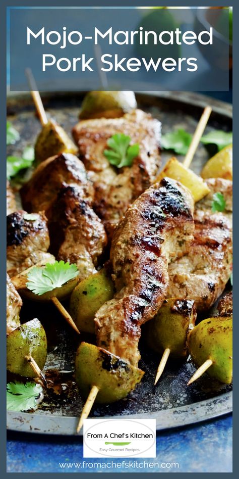 Get your summer grilling mojo on with these Cuban-inspired Mojo-Marinated Pork Skewers! The marinated pork tenderloin flavor is bright and citrusy, a little spicy and a lot delicious! Serve with black beans and cilantro-lime riced cauliflower for a light, healthy meal! Pork Tenderloin Skewers, Marinated Pork Tenderloin, Pork Kabobs, Glazed Sweet Potatoes, Pork Skewers, Recipes Bbq, Riced Cauliflower, Kabob Recipes, Pork Tacos