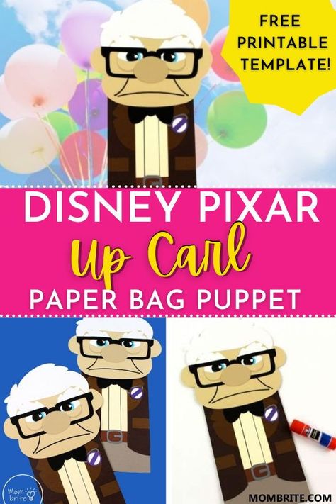 Love watching the Disney Pixar movie "Up" with your kids? Make this realistic Carl paper bag puppet with the free printable template and enjoy watching the beloved Disney movie Up together as a family! Animation Activities For Kids, Up Printables, Camping Indoors, Paper Bag Puppet Craft, Disney Movie Up, Bag Puppet, Daycare Business, Up Pixar, Boredom Busters For Kids