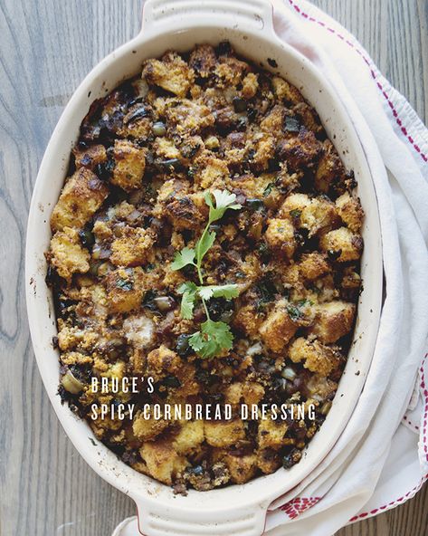 Bruce's spicy cornbread dressing was a standout at Thanksgiving last year, so today, I'm sharing the recipe with you! Thanksgiving Corn Bread, Spicy Cornbread, Thanksgiving Dressing, Vegetarian Sides, Vegetarian Side Dishes, Cornbread Dressing, Best Comfort Food, Thanksgiving Appetizers, Thanksgiving Menu