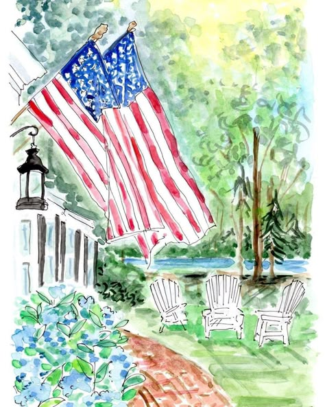 Fourth Of July Drawings, Americana Watercolor, Flag Drawing Ideas, Patriotic Paintings, American Flag Illustration, Patriotic Watercolor, Watercolor American Flag, Flag Watercolor, Flag Illustration